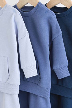 Next Baby Pamuklu Mavi Lacivert Uzun Kollu Şardonlu 3'lü Jogger Alt Üst Takım