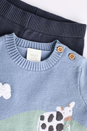 Next Baby %100 Lacivert  Çiftlik Desenli Triko Uzun Kollu Alt Üst Takım