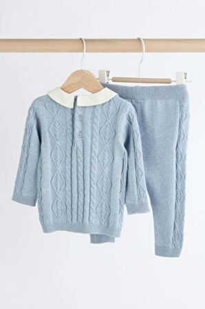 Next Baby % 100 Pamuklu Mavi Bebe Yaka Triko Premium Alt Üst Takım