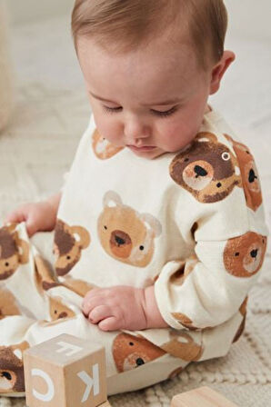 Next Baby Pamuklu Krem Ayıcık Desenli Uzun Kollu Alt Üst Takım Takım