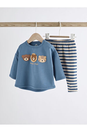 Next Baby Pamuklu Mavi Çizgili Ayı Desenli Uzun Kollu Alt Üst Takım