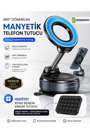Manyetik Araç İçi Telefon Tutucu 360° Döner Güçlü Mıknatıslı Vakumlu Stand