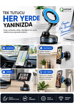 Manyetik Araç İçi Telefon Tutucu 360° Döner Güçlü Mıknatıslı Vakumlu Stand