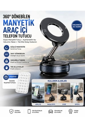 Manyetik Araç İçi Telefon Tutucu 360° Dönebilen Ayarlanabilir Vakumlu Stand MagSafe iPhone Android Uyumlu