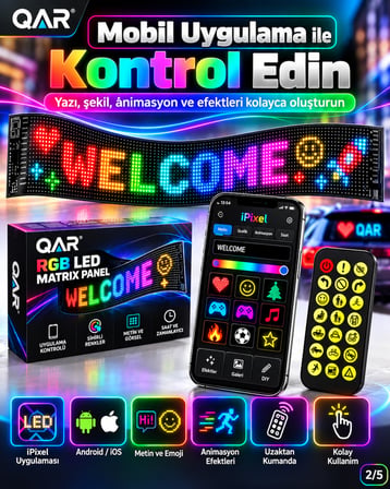 LED Matrix Panel Bluetooth Telefon Kontrollü Programlanabilir Yazı Resim Animasyon Gösteren RGB LED Ekran Panosu