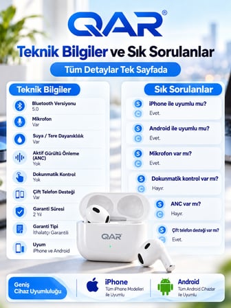 QAR 3.Nesil IOS Ve Android Uyumlu Bluetooth Kulaklık Air3