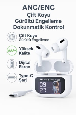 A9 Pro Aktif Gürültü Engelleyici (Anc+Enc) Dokunmatik Ekranlı Bluetooth Kulaklık Beyaz