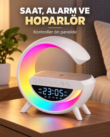 ŞARJLI HOPERLÖR 7 LED IŞIKLI BLUETOOTHLU ALARM SAAT ŞARJ İSTASYONU RİTME GÖRE RENK