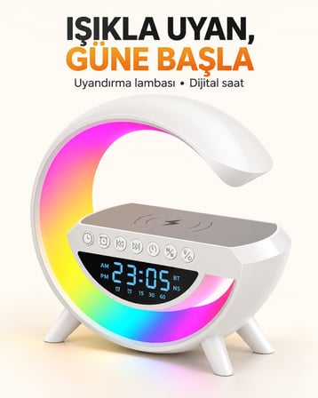 ŞARJLI HOPERLÖR 7 LED IŞIKLI BLUETOOTHLU ALARM SAAT ŞARJ İSTASYONU RİTME GÖRE RENK