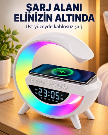 ŞARJLI HOPERLÖR 7 LED IŞIKLI BLUETOOTHLU ALARM SAAT ŞARJ İSTASYONU RİTME GÖRE RENK