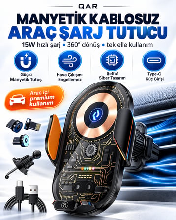 C13 Kablosuz Şarjlı Araç Telefon Tutucu Otomatik Açılıp Kapanan Kollu 360° Dönebilen Şeffaf Tasarım Metal Gövdeli Araç İçi Telefon Tutacağı