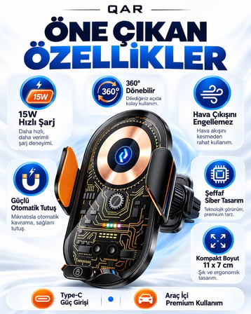 C13 Kablosuz Şarjlı Araç Telefon Tutucu Otomatik Açılıp Kapanan Kollu 360° Dönebilen Şeffaf Tasarım Metal Gövdeli Araç İçi Telefon Tutacağı