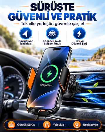 C13 Kablosuz Şarjlı Araç Telefon Tutucu Otomatik Açılıp Kapanan Kollu 360° Dönebilen Şeffaf Tasarım Metal Gövdeli Araç İçi Telefon Tutacağı