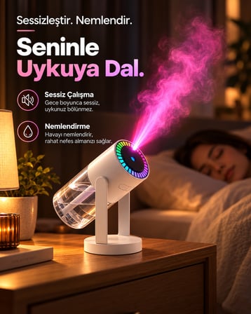 Yıldızlı Gökyüzü Projeksiyonlu Hava Nemlendirici Araç İçi Ofis Uyumlu RGB Işıklı Döner Başlıklı Taşınabilir Buhar Makinesi [280 ml]