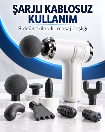8 Başlıklı Şarjlı Masaj Tabancası Kablosuz Derin Doku Kas Masaj Aleti Taşınabilir Sporcu Masaj Cihazı Beyaz