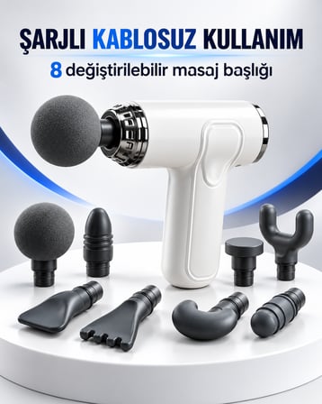 8 Başlıklı Şarjlı Masaj Tabancası Kablosuz Derin Doku Kas Masaj Aleti Taşınabilir Sporcu Masaj Cihazı Beyaz