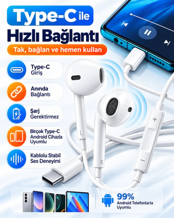 Type-C Girişli Kablolu Kulaklık Mikrofonlu Kulak İçi Kulaklık [Ses Kontrol Tuşlu] Telefon Tablet Uyumlu USB-C Kulaklık