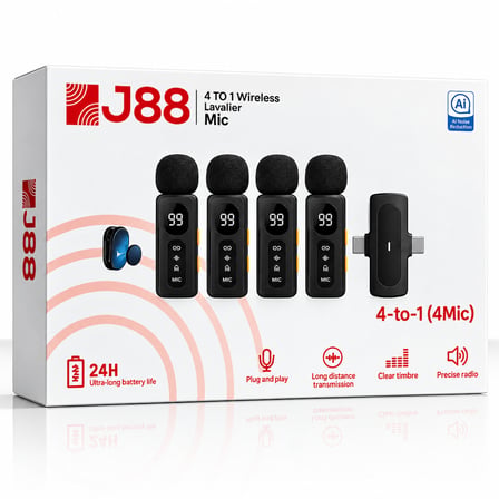 J88 4'lü Kablosuz Yaka Mikrofonu AI Gürültü Önleyici Lightning Type-C Uyumlu Vlog Röportaj Canlı Yayın Mikrofonu (4 Mikrofon + 1 Alıcı)
