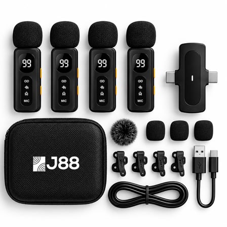 J88 4'lü Kablosuz Yaka Mikrofonu AI Gürültü Önleyici Lightning Type-C Uyumlu Vlog Röportaj Canlı Yayın Mikrofonu (4 Mikrofon + 1 Alıcı)