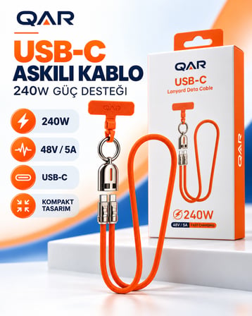 QAR USB-C to USB-C Askılı Şarj ve Data Kablosu 240W 48V 5A Hızlı Şarj Örgülü Boyun Askılı Telefon Askı Aparatlı Turuncu