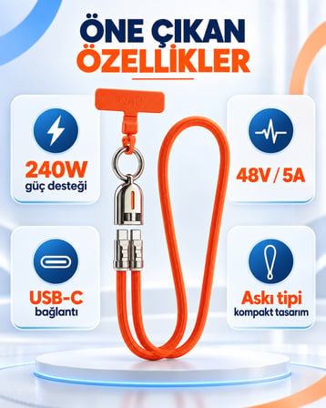 QAR USB-C to USB-C Askılı Şarj ve Data Kablosu 240W 48V 5A Hızlı Şarj Örgülü Boyun Askılı Telefon Askı Aparatlı Turuncu