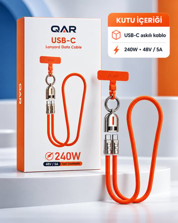 QAR USB-C to USB-C Askılı Şarj ve Data Kablosu 240W 48V 5A Hızlı Şarj Örgülü Boyun Askılı Telefon Askı Aparatlı Turuncu