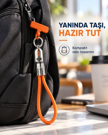 QAR USB-C to USB-C Askılı Şarj ve Data Kablosu 240W 48V 5A Hızlı Şarj Örgülü Boyun Askılı Telefon Askı Aparatlı Turuncu