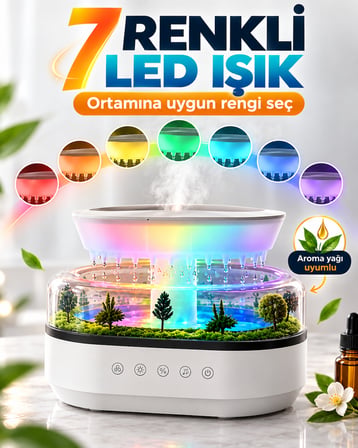 Yağmur Damlası Efektli Aroma Difüzör Hava Nemlendirici Orman Manzaralı Dekoratif Esansiyel Yağ Uyumlu Dokunmatik Tuşlu Ofis Yatak Odası