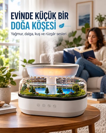 Yağmur Damlası Efektli Aroma Difüzör Hava Nemlendirici Orman Manzaralı Dekoratif Esansiyel Yağ Uyumlu Dokunmatik Tuşlu Ofis Yatak Odası