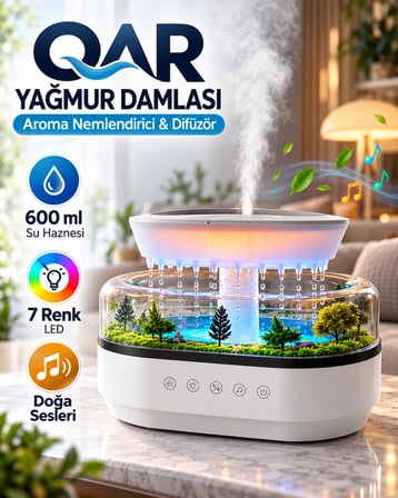 Yağmur Damlası Efektli Aroma Difüzör Hava Nemlendirici Orman Manzaralı Dekoratif Esansiyel Yağ Uyumlu Dokunmatik Tuşlu Ofis Yatak Odası