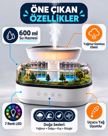 Yağmur Damlası Efektli Aroma Difüzör Hava Nemlendirici Orman Manzaralı Dekoratif Esansiyel Yağ Uyumlu Dokunmatik Tuşlu Ofis Yatak Odası
