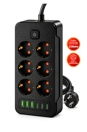 Castu Ls J06 12'si 1 Arada Akım Korumalı Priz 6 Çoklu Soket 3 USB 3 Type-C 2500W Çocuk Korumalı Kapaklı Uzatma Kablolu Grup Priz
