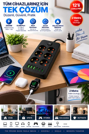 Castu Ls J06 12'si 1 Arada Akım Korumalı Priz 6 Çoklu Soket 3 USB 3 Type-C 2500W Çocuk Korumalı Kapaklı Uzatma Kablolu Grup Priz