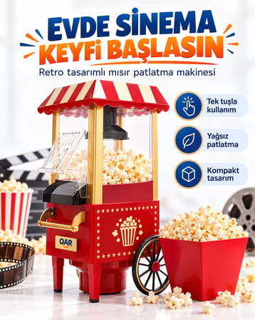 Nostaljik Arabalı Patlamış Mısır Makinesi Kırmızı Retro Tasarım Mini Popcorn Makinesi Ev Sineması Çocuk Partisi Doğum Günü