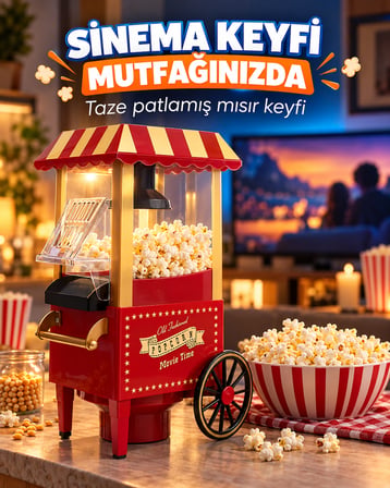 Nostaljik Arabalı Patlamış Mısır Makinesi Kırmızı Retro Tasarım Mini Popcorn Makinesi Ev Sineması Çocuk Partisi Doğum Günü