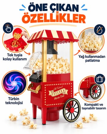 Nostaljik Arabalı Patlamış Mısır Makinesi Kırmızı Retro Tasarım Mini Popcorn Makinesi Ev Sineması Çocuk Partisi Doğum Günü