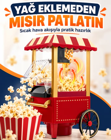 Nostaljik Arabalı Patlamış Mısır Makinesi Kırmızı Retro Tasarım Mini Popcorn Makinesi Ev Sineması Çocuk Partisi Doğum Günü