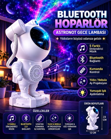 Astronot Yıldızlı Gökyüzü Projeksiyon Lambası Hoparlörlü Renkli LED Gece Lambası Dekoratif Işık [Kumandalı]