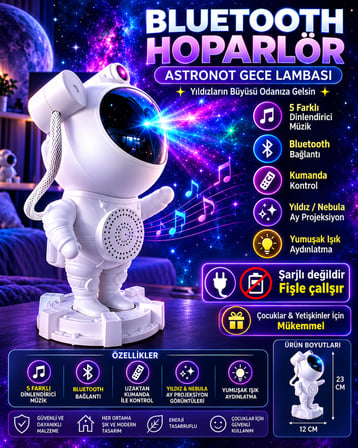 Astronot Yıldızlı Gökyüzü Projeksiyon Lambası Hoparlörlü Renkli LED Gece Lambası Dekoratif Işık [Kumandalı]