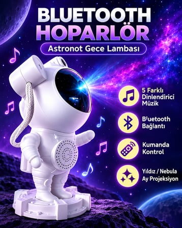Astronot Yıldızlı Gökyüzü Projeksiyon Lambası Hoparlörlü Renkli LED Gece Lambası Dekoratif Işık [Kumandalı]