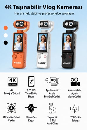 Kalobee Pocket3 Pro 4K Ultra HD El Tipi Kamera 180° Döner Başlıklı Otofokus Vlog Kamerası Dokunmatik Ekranlı Cep Kamerası