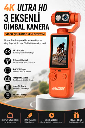 Kalobee Pocket3 Pro 4K Ultra HD El Tipi Kamera 180° Döner Başlıklı Otofokus Vlog Kamerası Dokunmatik Ekranlı Cep Kamerası