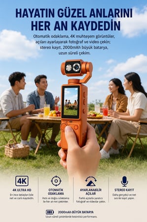 Kalobee Pocket3 Pro 4K Ultra HD El Tipi Kamera 180° Döner Başlıklı Otofokus Vlog Kamerası Dokunmatik Ekranlı Cep Kamerası