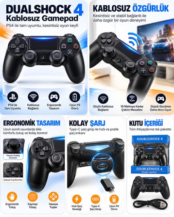 Doubleshock Ps 4 Kablosuz Joystick Tablet Telefon Pc Uyumlu Titreşimli Oyun Kolu 1 Adet