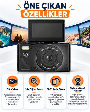 5k 75mp Hd Dijital Kamera 18x Dijital Zoom, Flaşlı,3.0 İnç Ekranlı Fotoğraf Makinesi