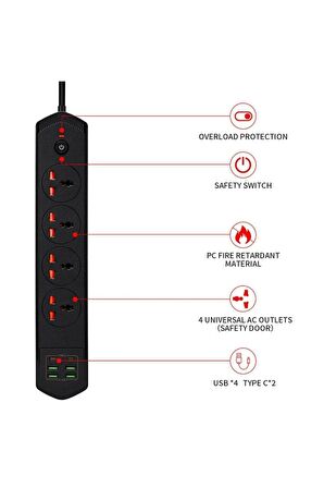 QASUL 10 Girişli 4+4 USB + 2 Type-C Çoklu Priz 2 M Kablolu Akım Korumalı Anahtarlı Uzatma Grup Priz 3000w