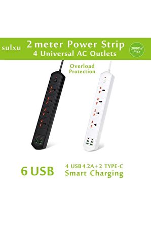 QASUL 10 Girişli 4+4 USB + 2 Type-C Çoklu Priz 2 M Kablolu Akım Korumalı Anahtarlı Uzatma Grup Priz 3000w