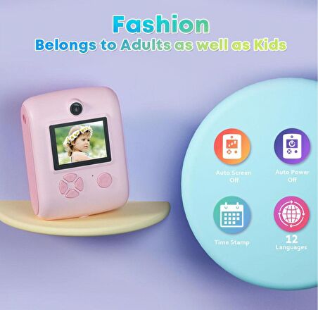 QASUL Anlık Termal Yazıcılı Dijital Çocuk Kamerası 2.0 Inç Hd 1080P Instant Photo Printer Camera Pembe