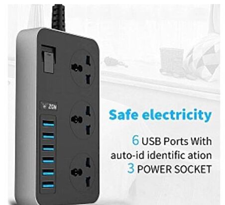 QASUL Tb-t09 Akım Korumalı 6 Port Usb Girişli 3'lü Priz