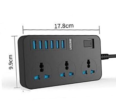 QASUL Tb-t09 Akım Korumalı 6 Port Usb Girişli 3'lü Priz